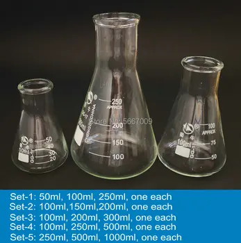 1 комплект колба от borosilicate стъкло Erlenmeyer с широко гърло, конусни триъгълна колба за лабораторни химически оборудване