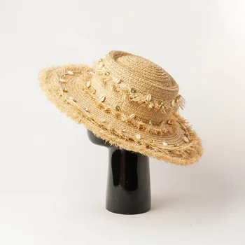 202004-hh5016C дропшиппинг Дизайнерски стил рафия трева черупки Rhinestonelady солнцезащитная шапка дамска плажна шапка за почивка снимка