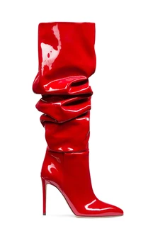 2023 Дамски ботуши до коляното с припокриване, черни, червени, от лачена кожа, пикантни зимни ботуши на ток с остър пръсти, обувки голям размер
