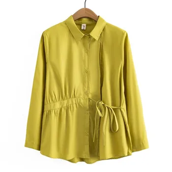 2023 Есенното облекло на Жените риза голям размер Свободно стилен дизайн с талия Ежедневни памучен блуза с дълги ръкави от лиоцелла Curve