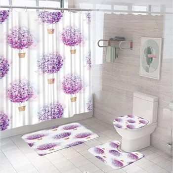 4 бр., фантазийные лилави цветя, набор от завеси за душ с въздушно топка, завеси за баня с цветен модел за момичета, подложка за баня, капак за тоалетна