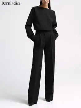 Bornladies/ черни офис дамски комплекти с штанами с висока талия, есенни ежедневни панталони и отгоре с кръгло деколте, комплект от две части, дамски модни обикновена костюми