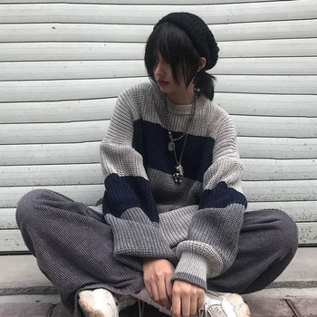 Deeptown Harajuku, шарен пуловер, женски ретро вязаный жилетка, градинска дрехи големи размери, есента сив трикотаж, корейската мода, хипита