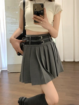 DEEPTOWN, плиссированная пола в стил преппи, 2 колан, дамски корейската мода, висока талия, трапециевидная секси реколта мини-пола Y2k, годишна ученичка