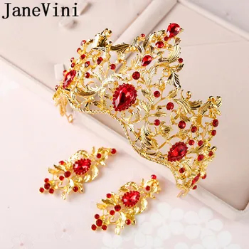 JaneVini Женски корона в стил барок от червен кристал с обеци, златна метална превръзка на главата, Ретро зелен празнична прическа, сватбени диадеми