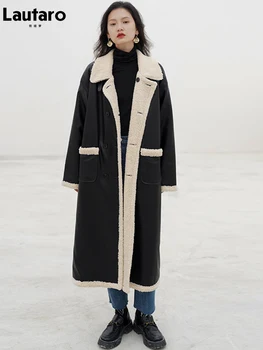 Lautaro Зимно дълго топло гъст обратими палто от изкуствена агнешка кожа с джобове, двубортное, луксозно дизайнерско, европейска мода