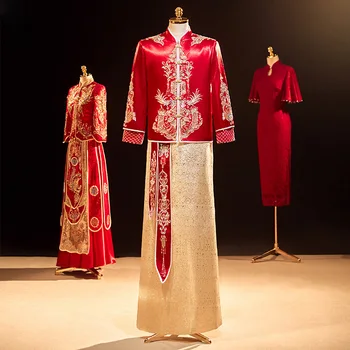 Men Toast Clothing Bridegroom Chinese Style Red Dragon Embroidery Sequins Wedding Dress Tang Suit за ориенталски костюм