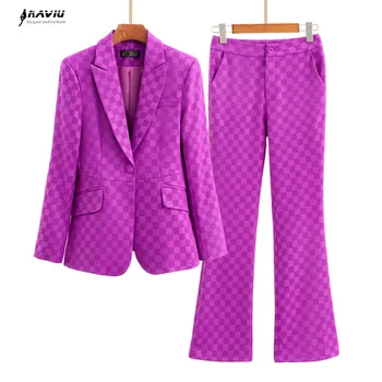 NAVIU Лилаво каре костюми, новост 2023, Есенна мода, темперамент, професионален тънко сако и панталони, комплекти, офис дамски работни облекла