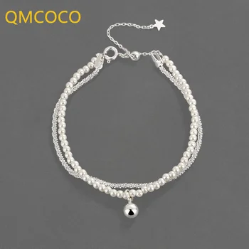 QMCOCO Корейски Елегантен Прост Сребърен Цвят Гривна Дизайн Перлена Двойна Верига Женски Кръгли Мъниста INS Trend Гривна и Изискани Подаръци