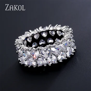 ZAKOL Модни двуслойни пръстени с кубическим цирконием във формата на сърце за жени и мъже, вечерни модни бижута с геометрия бял цвят