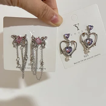 Аксесоари Y2K, обици-висулки с лилав кристал и персиковым сърце, модерен нишевый дизайн, красиви стръмни кухи обеци, модни бижута за жени 90-те години