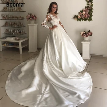 Бална рокля Booma, сватбени рокли с илюзията дълги ръкави, елегантни дантелени апликации, атласное сватбена рокля с прозрачно деколте, големи размери