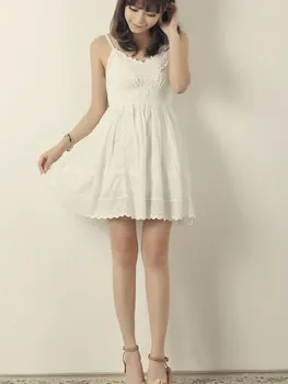 Безплатна доставка 2021, нови модни дамски памучни бели дантелени летни рокли S-L, мини-рокля в японски стил с бродерия