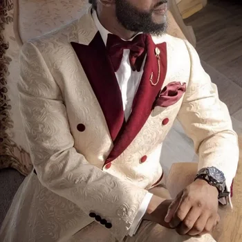 Бордо сватбени смокинги с цветен модел за мъже, строг костюм, оборудвана бордо кадифена яка, костюм за младоженеца, блейзър, за абитуриентски, яке, панталони