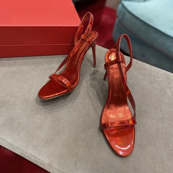 Висококачествени Дамски Обувки на висок ток 10 cm, С Червена Подметка, Луксозни Модни Дамски Сандали с Кристали, Класически Дизайнерски Обувки в Стил Ретро с Високи Токчета 0399HJ
