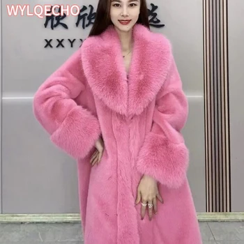 Висококачествено зимно модно, утягивающее темперамент луксозно дълга вълнена палта от кожа и кожа, женски плюшевое палто от изкуствена кожа на норка