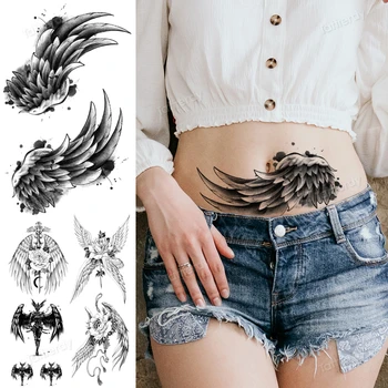 временна татуировка във формата на крило на ангел за жени, боди арт, татуировка на кръста, ръкав, черна водоустойчива фалшива татуировка, стикер, пера, цветя, кръст