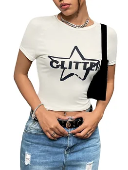Дамски тениски за малки момичета Y2K, през цялата деколте, къс ръкав, чист графичен принт, съкратен топ в стил фея гръндж, градинска облекло