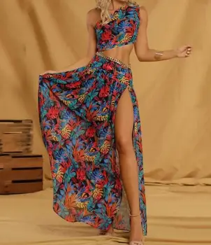 Дамско модно секси рокля с висока талия, лятна ежедневни дългата свободна пола трапецовидна форма с принтом с едно рамо