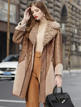 Дамско палто от овче пати, модерно меховое палто за тежката промишленост, палто с яка от кожа агне в разговорния стил