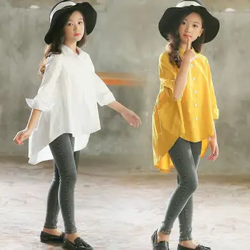 Детски ризи в корейски стил, летни потници за тийнейджъри, дълга блуза за момичета 2023, бяло-жълта блуза за тийнейджъри 12-14 години, облекло