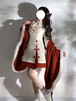 Есенно-зимно дамско дебнещ рокля с червена бродерия в китайски стил с дълъг ръкав и шал Рокли 2023