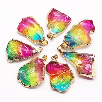 Естествен камък и Позлатени bezel Кристални висулки Колие Оцветени с преливащи се цветове груби нарушения на окачване на Аксесоари за изработка на бижута 8 бр.