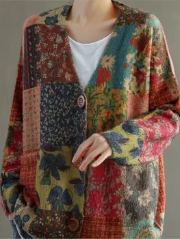 Жена без пуловер, дамски ярка яке в стил мозайка с V-образно деколте, вязаная на горно облекло, възли блузи, дамски пролетно-есенен пуловер 2023