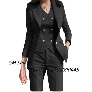 Женският елегантен костюм 2022 г., комплект от 3 теми (Яке + Панталон + Елек), Двубортный Монофонични Официален Сако с ревери и бутони, Бизнес палто
