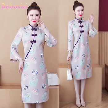 Зимата замшевое рокля размер плюс M-4XL, съвременно, модерно женствена рокля Ципао с дълъг ръкав, традиционен китайски дрехи