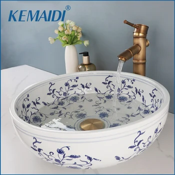 Керамични смесител за баня KEMAIDI, смесител за мивка, комбиниран бяло и синьо, над тезгяха, кръгла купа, мивка, художествена мивка