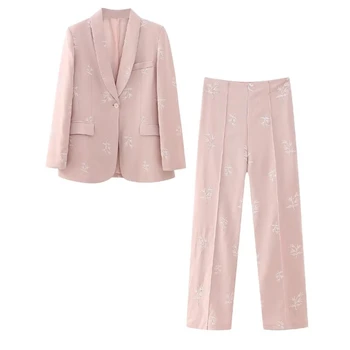 Комплекти за жени, 2 броя, елегантен розов малък сако с бродерии, комплекти, панталони, винтажное модно церемониалния рокля, комплект от 2 теми, дамски дрехи
