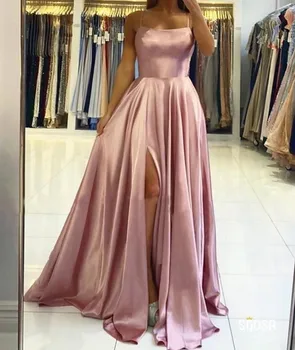 Краснеющее розова дълга вечерна рокля за спагети презрамки 2023, рокля за абитуриентски бал с цепка отзад на спагети презрамки, просто вечерна рокля трапецовидна форма за поръчка