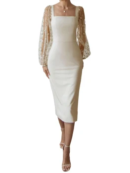 Луксозно сетчатое дебнещ рокля Y2K с бродерия и дълги прозрачни ръкави и квадратни деколтета за коктейли и