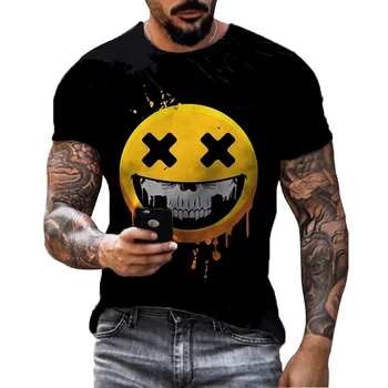Лятна мъжка тениска с 3D-принтом и графити във формата на усмихнато лице, градинска дрехи, полиестер, през цялата деколте, къс ръкав, ежедневни свободна тениска