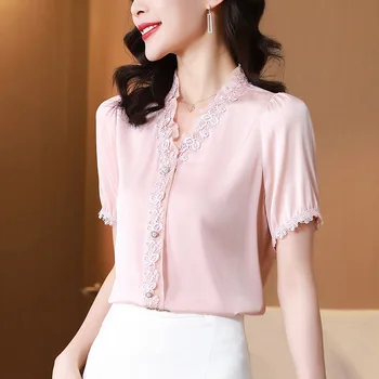Лятна нова риза коприна дамски однотонная лейси с къс ръкав от коприна тутового цвят, розово и темпераментна топ за междуградски пътувания