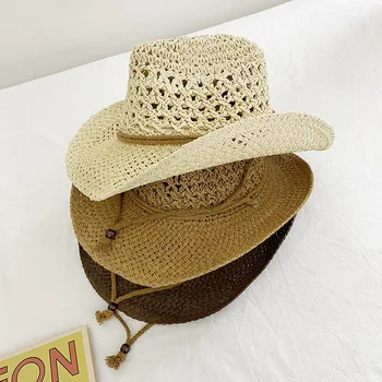 Лятната сламена шапка, дамски градинска и плажна шапка, ковбойская шапка с дупки, цилиндър, солнцезащитная шапка, солнцезащитная ежедневни панама, мъжки шапки с плоска периферия