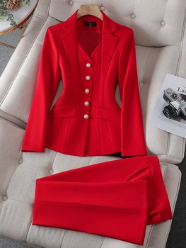 Модерен бял, червен, черен блейзър, сако и брючный костюми, панталони, дамски офис дамски работни облекла, официален комплект от 2 теми