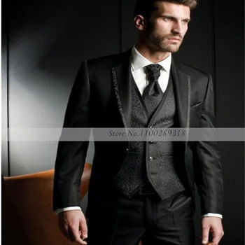 Модерен Дизайн, Черните Мъжки костюми, Смокинг за младоженеца, Бизнес костюми, Мъжки костюм, изработена по поръчка, 3 бр. (Яке + Панталон + елек))