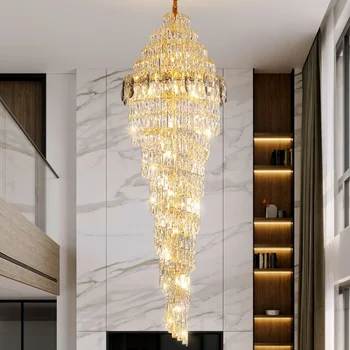 Модерна луксозна стълбищна полилей Кристален полилей със златен корпус, двухуровневое сграда, голяма декоративна дълга полилей с висок таван