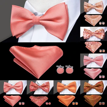 Мъжки дизайнерски булчински коралово-розово прасковен папийонка с квадратни запонками в джоба на мъжка вратовръзка от 100% коприна, оранжево вратовръзки-пеперуди за сватба