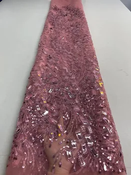 Нигерийская розова лейси плат с тежки кристални пайети, тюл, африканска плат за бродиране с мъниста ръчна изработка на сватбени рокли, Материал