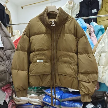 Нов дамски зимни яка-часова, однотонное ежедневното палто на утином топола с цип за дамите, модерен гъст топло късо палто Jacekt 2023