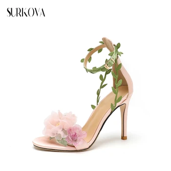 Нов пасторальный шифон цвете сандали Фея стил Лейди високо петата сандали каишка на глезена обувки на висок ток, лозя сватбени обувки за жени