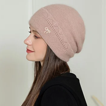 Нова дамска зимна шапка, градинска топла шапка от смес от заек кожа, модерна декоративна шапчица-бини за жените, ежедневно вязаная капачка