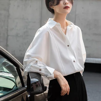 Нова лятна мода дамска блуза 2023, монофонични V-образно деколте, дълги ръкави, елегантна минималистичные ризи и блузи за жени