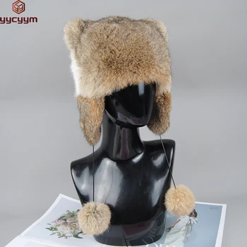 Нова стилна вязаная шапка от естествена кожа заек за жени, шапки от естествена топло заек кожа, зимни шапки-тюбетейки в корейски стил от естествена кожа заек