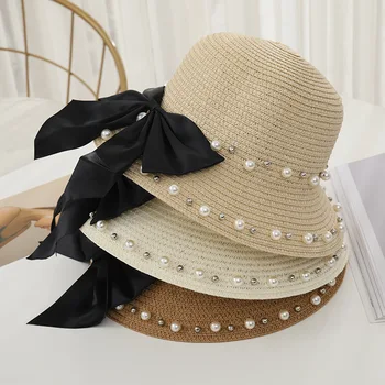 новата пролетно-лятна дамски солнцезащитная детска сламена шапка с лък, перлена плажна шапка, дамска шапка за родители и деца