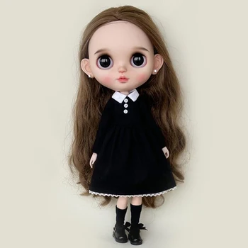 Ново записване, дрехи Blythe ръчно изработени, черна рокля с кръгло деколте и дълъг ръкав за кукли Барби Blyth OB24 Azone 1/6, аксесоари за кукли