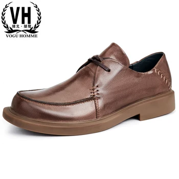 обувки от естествена кожа, мъжки ежедневни бизнес обувки с дебели подметки и кръг пръсти дантела, висококачествена естествена кожа в британския ретро стил